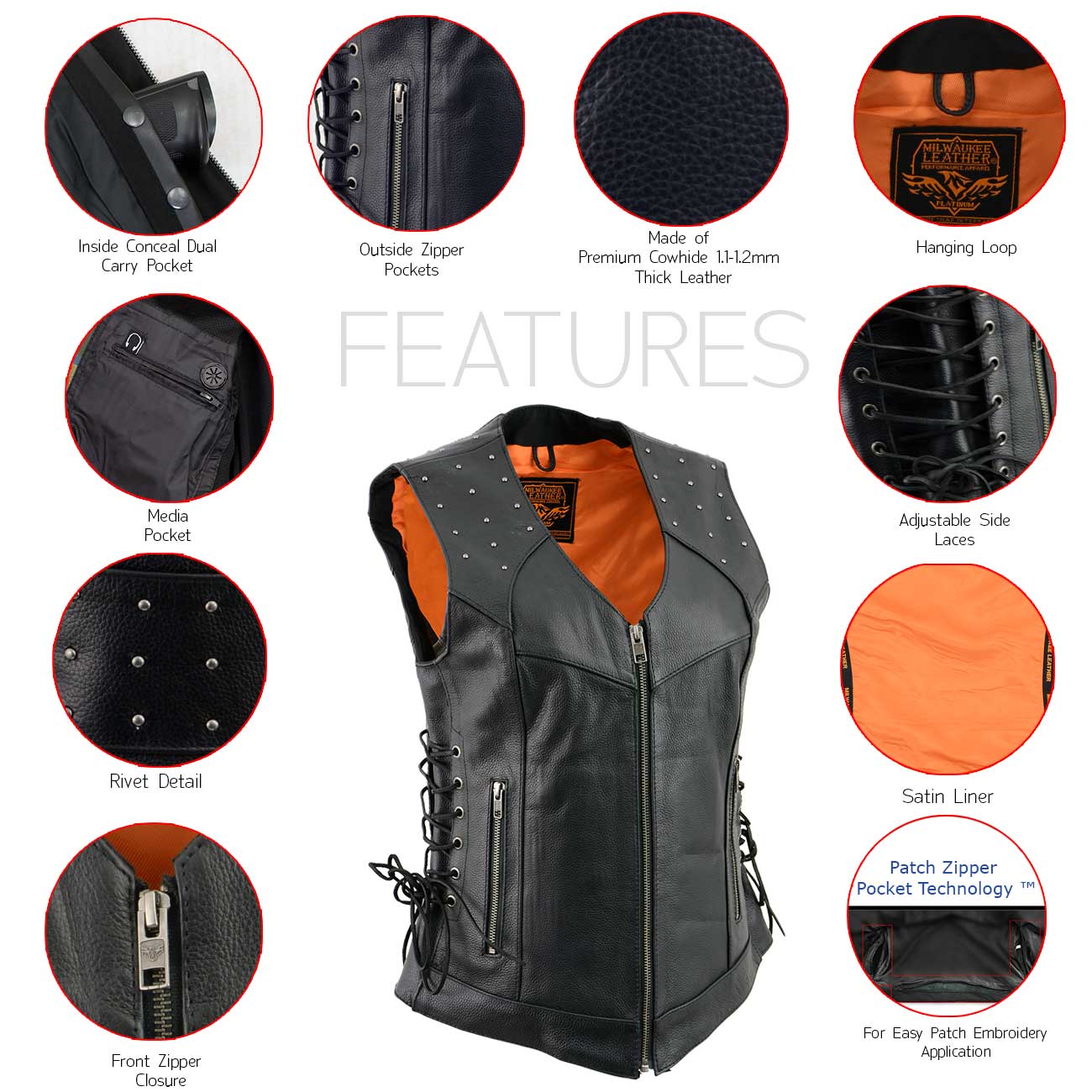 Milwaukee Leather MLL4504 Women's Black Leather Classic V-Neck Riveted Details Motorcycle Rider Vest with Side Lace