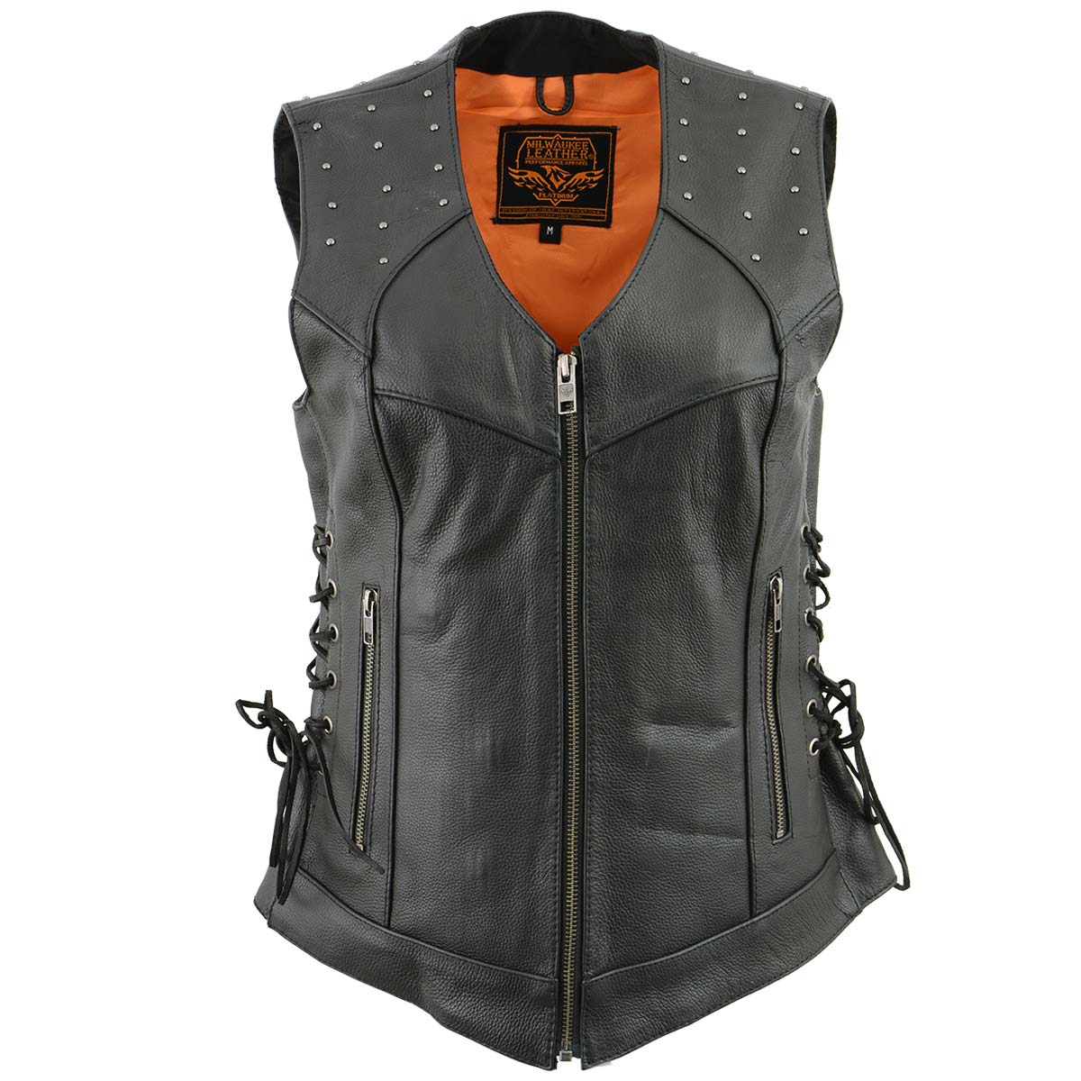 Milwaukee Leather MLL4504 Women's Classic Black Leather V-Neck Riveted Motorcycle Rider Vest with Side Lace
