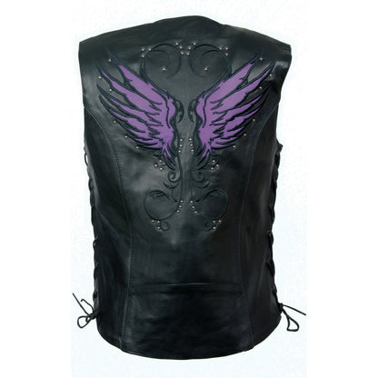 Milwaukee Leather MLL4505 Women's Black Leather Side Lace Motorcycle Rider Vest-Reflective and Studded Purple Wings