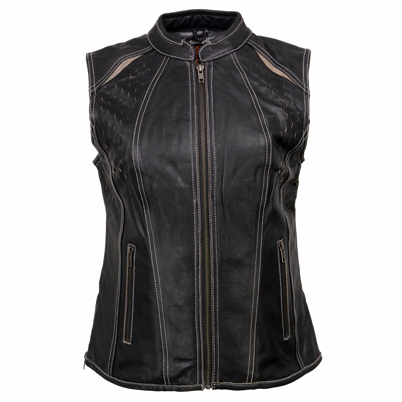 Milwaukee Leather MLL4507 Women's Black Leather Grey Accented Laser Cut Vented Scuba Style Motorcycle Rider Vest