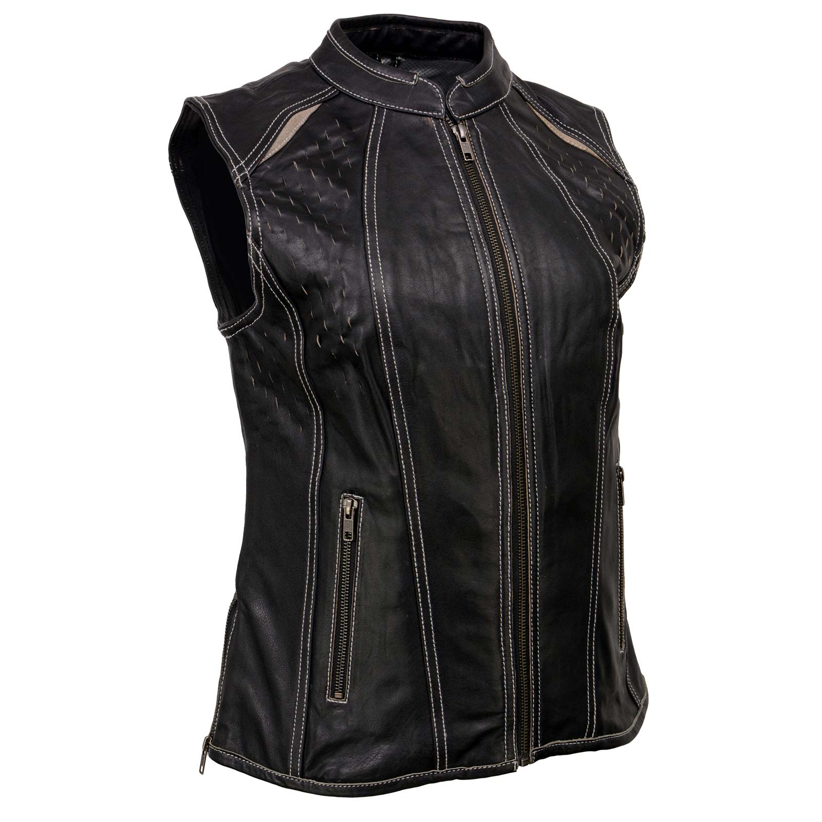 Milwaukee Leather MLL4507 Women's 'Laser Cut' Distressed Black and Grey Scuba Style Vest