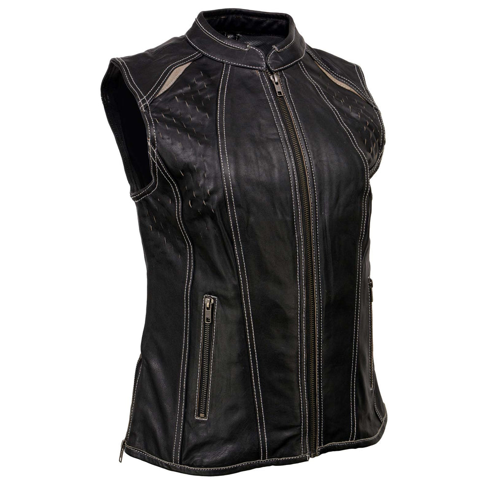 Milwaukee Leather MLL4507 Women's 'Laser Cut' Distressed Black and Orange Scuba Style Vest