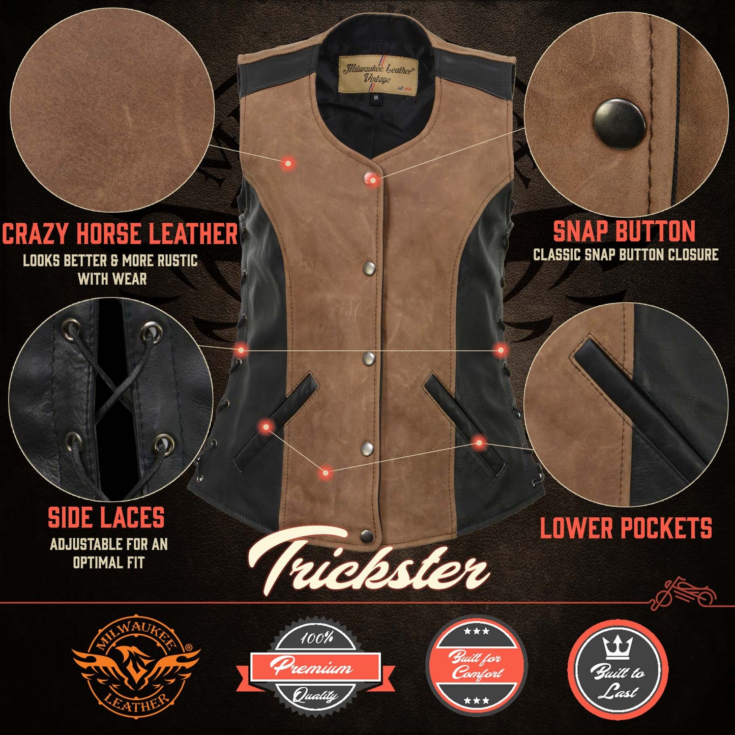 Milwaukee Leather MLL4508 Women's 'Trickster' Vintage Two Tone Crazy Horse Brown and Black Leather Club Style Motorcycle Vest