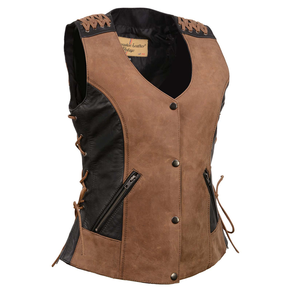 Milwaukee Leather MLL4509 Women's 'Smoocher'  2-Tone Crazy Horse Brown/Black Leather Club Style Motorcycle Vest
