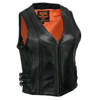 Milwaukee Leather MLL4510 Women's Black Naked Leather Side Buckle Motorcycle Rider Vest with Front Zip Closure
