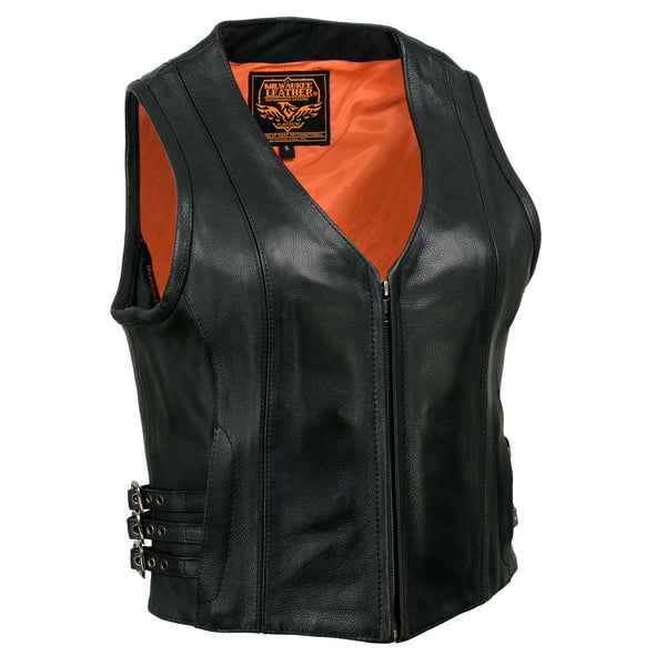 Women's Multi-Pocket Concealed Pocket Leather Vest #VL2675GLK