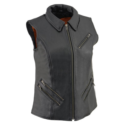 Milwaukee Leather MLL4520 Women’s Black Shirt Collar Motorcycle Rider Vest with 4 Front Lower Pockets