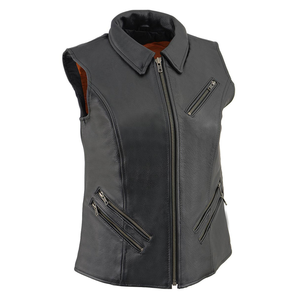 Milwaukee Leather MLL4520 Women’s Black Shirt Collar Motorcycle Rider Vest with 4 Front Lower Pockets