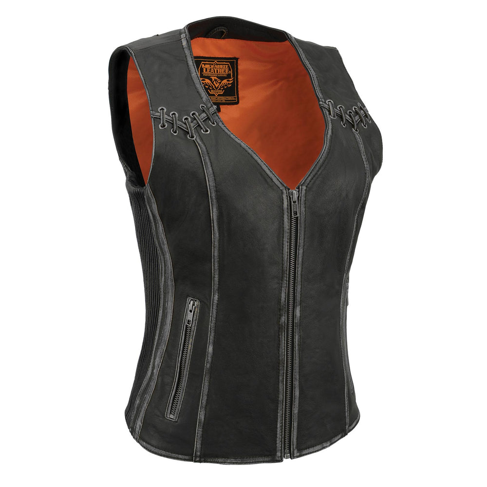 Milwaukee Leather MLL4526 Women's Distressed Grey Classic Leather Vest with Lacing Detail