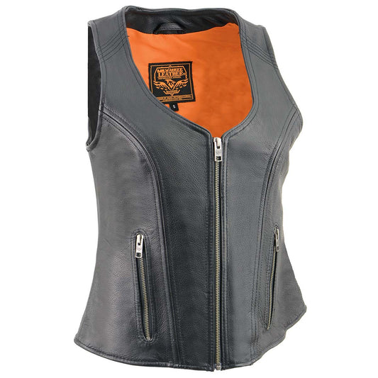 Milwaukee Leather MLL4530 Ladies Black Leather Open Neck Vest with Front Zipper Closure