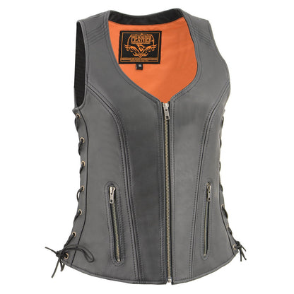 Milwaukee Leather MLL4532 Women's Black Cool-Tec Leather Open Neck Side Lace Stitching Detail Motorcycle Rider Vest