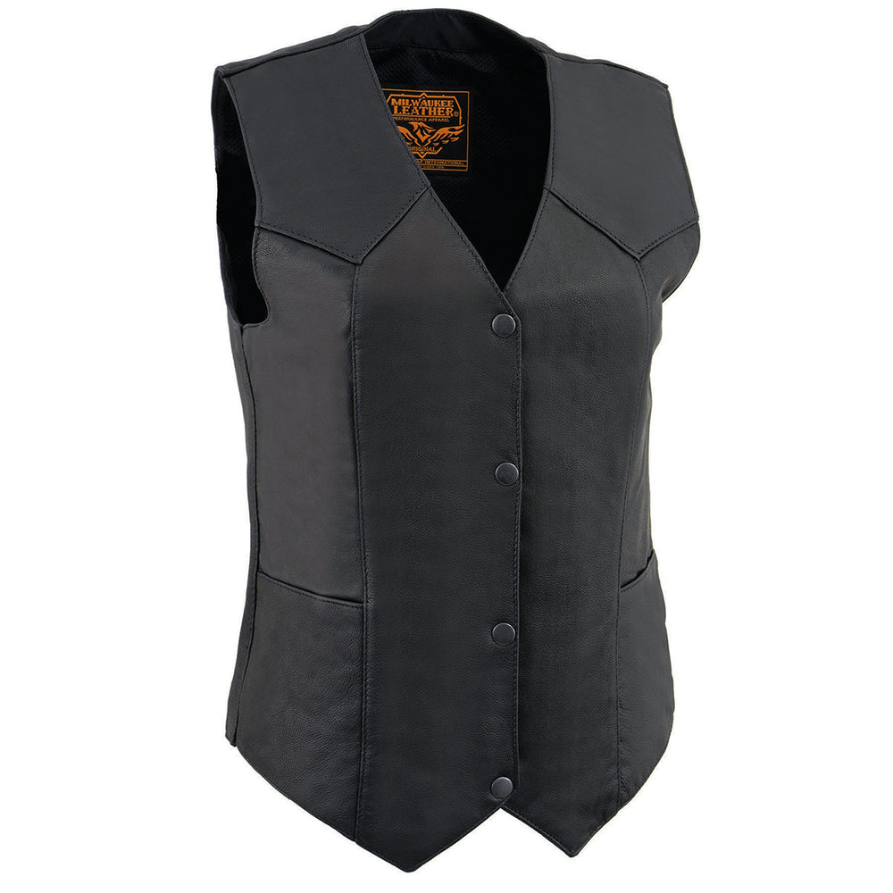 Milwaukee Leather MLL4545 Women's Black Naked Leather Lightweight Classic 4-Snap V-Neck Motorcycle Rider Vest