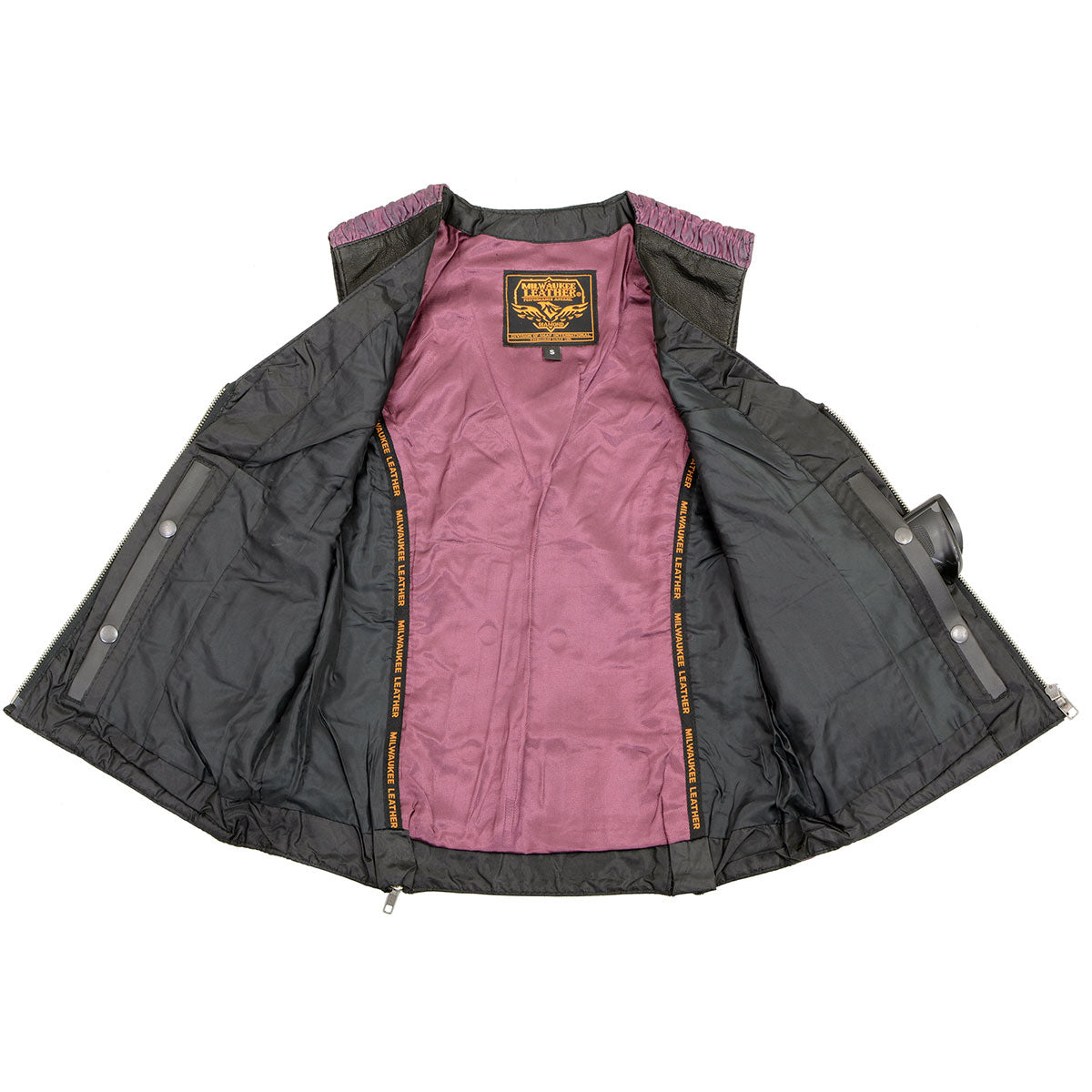 Milwaukee Leather MLL4571 Women's Black and Pink Lightweight Motorcycle Leather Vest w/ Crinkled Leather Design