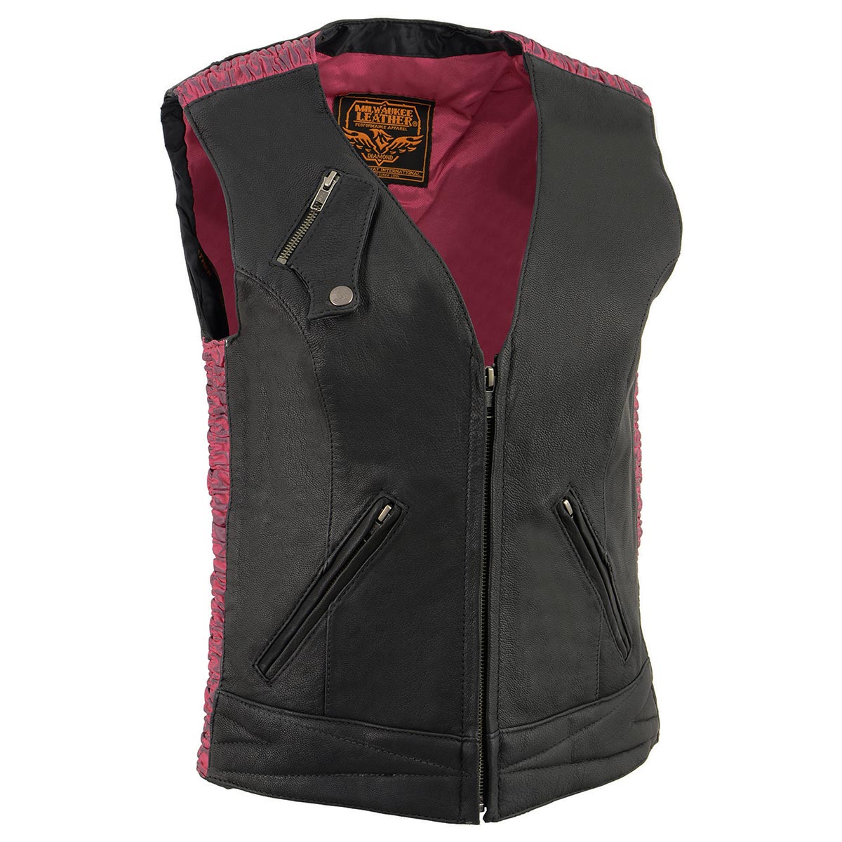 Milwaukee Leather MLL4571 Women's Black and Pink Lightweight Motorcycle Leather Vest w/ Crinkled Leather Design