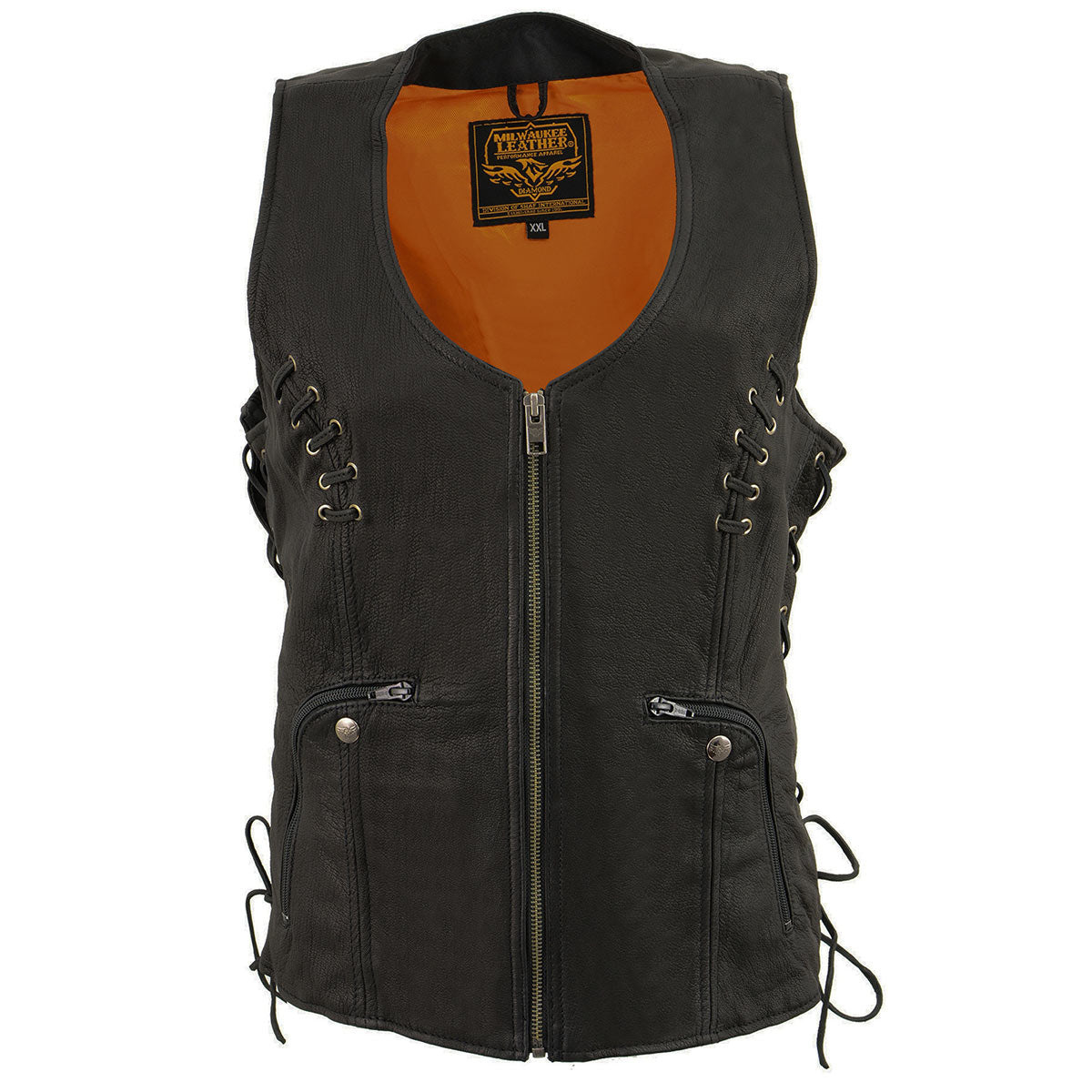 Milwaukee Leather MLL4575 Women's Black Leather Side Lace Multiple Pockets Round V-Neck Motorcycle Rider Vest