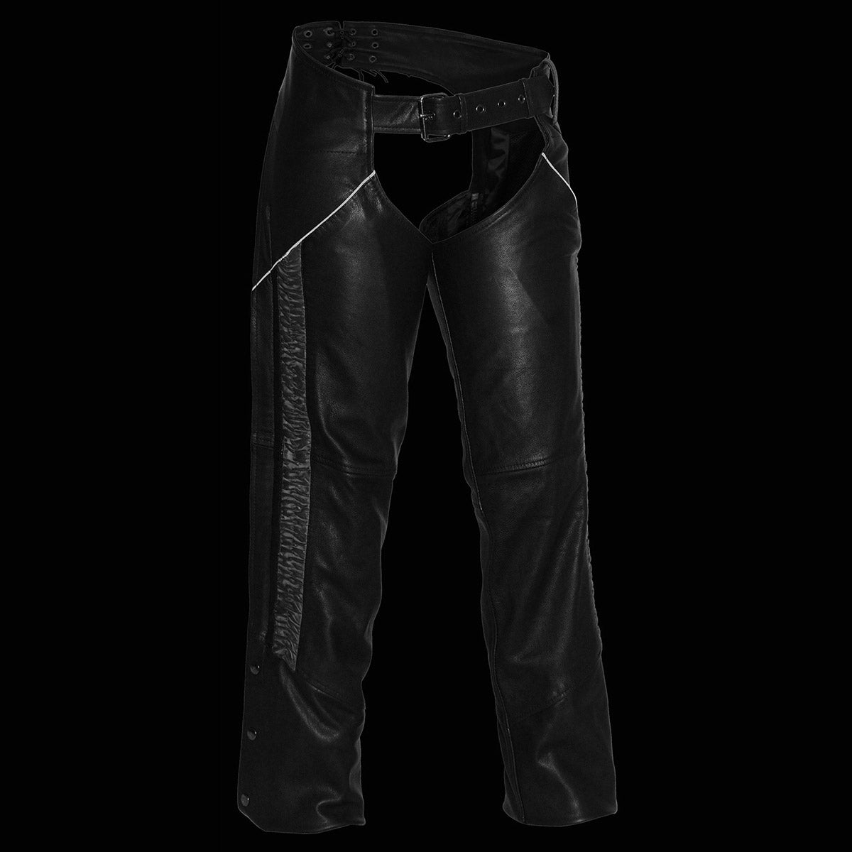 Milwaukee Leather MLL6500 Women's Black Leather Hip Set Chaps with Crinkled Leg Striping