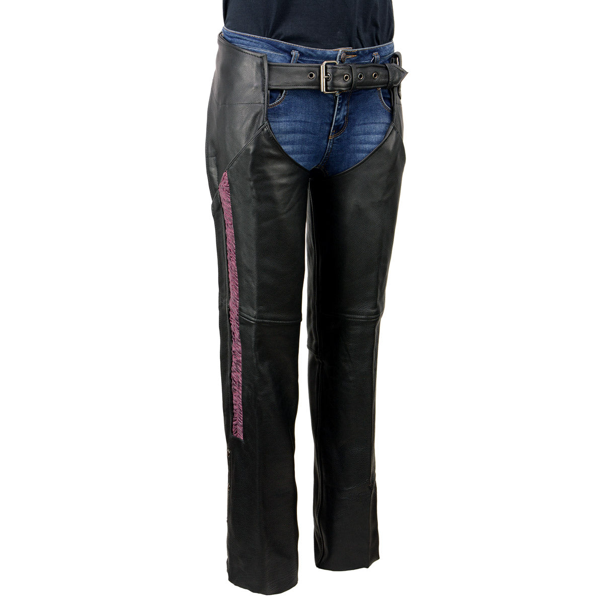 Milwaukee Leather Chaps for Women Black Naked Skin Purple Crinkled Stripes- Reflective Trim Motorcycle Chap MLL6500