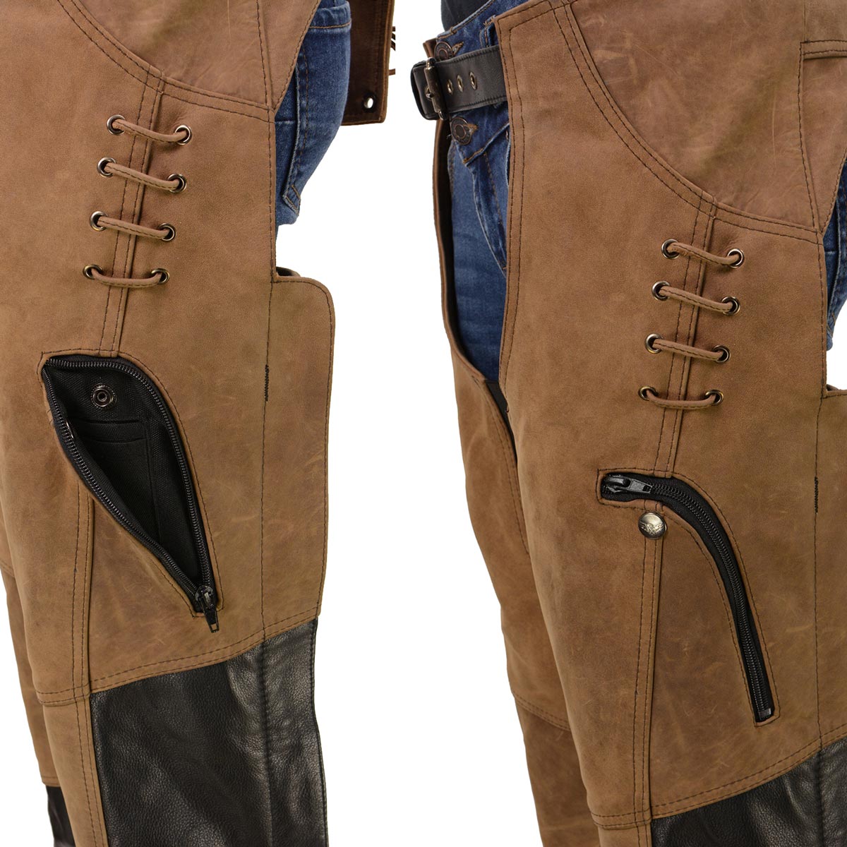 Milwaukee Leather MLL6504 Women's 2-Tone Beige with Black Motorcycle Leather Riding Chaps