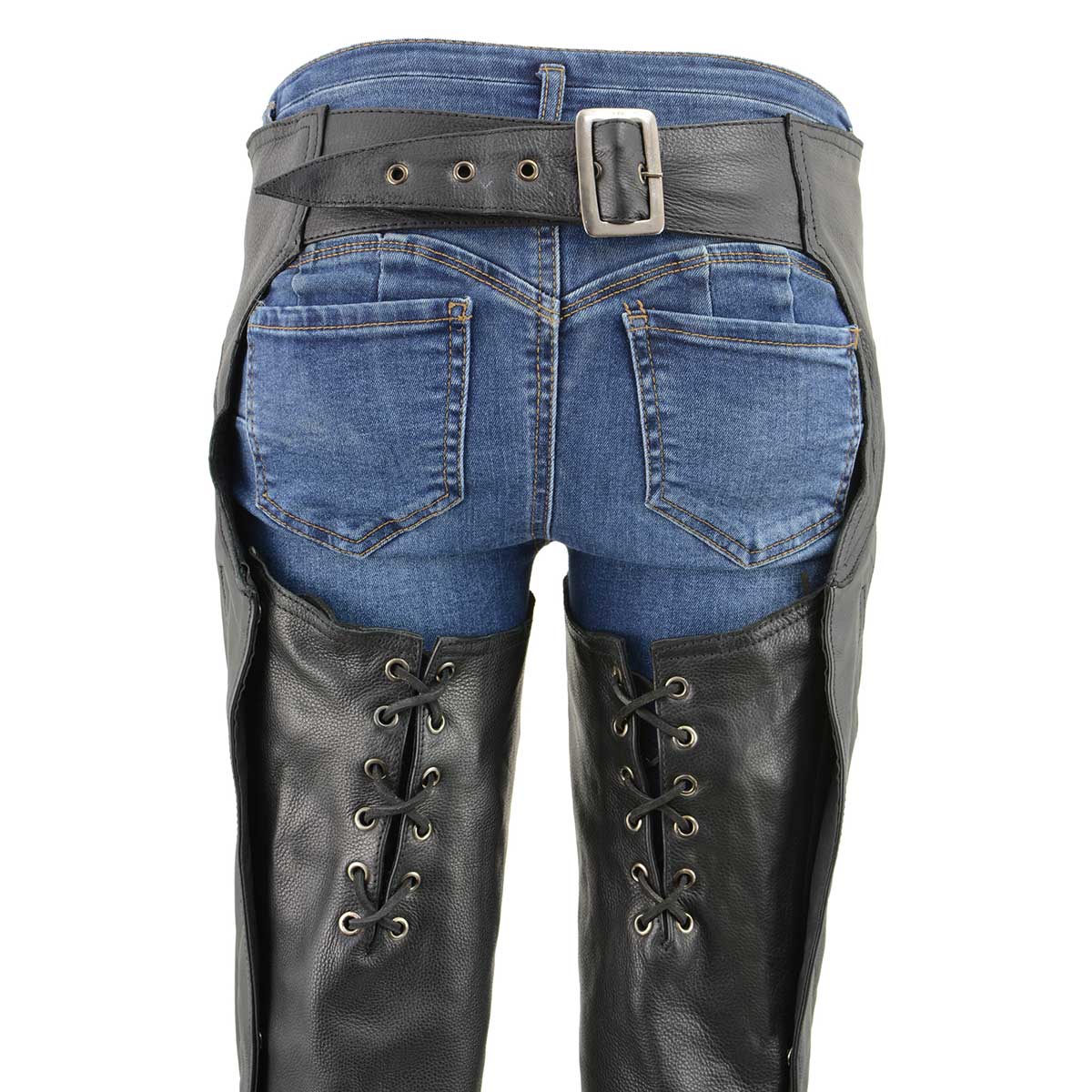 Milwaukee Leather Chaps for Women Black Naked Skin 4-Buckle Accent on Bottom Thigh Lace Motorcycle Chap - MLL6520