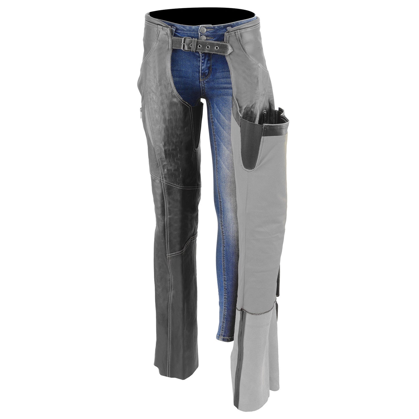 Milwaukee Leather Chaps for Women Black and Grey Premium Skin Laser Cut Accent Stitching Motorcycle Chap - MLL6525