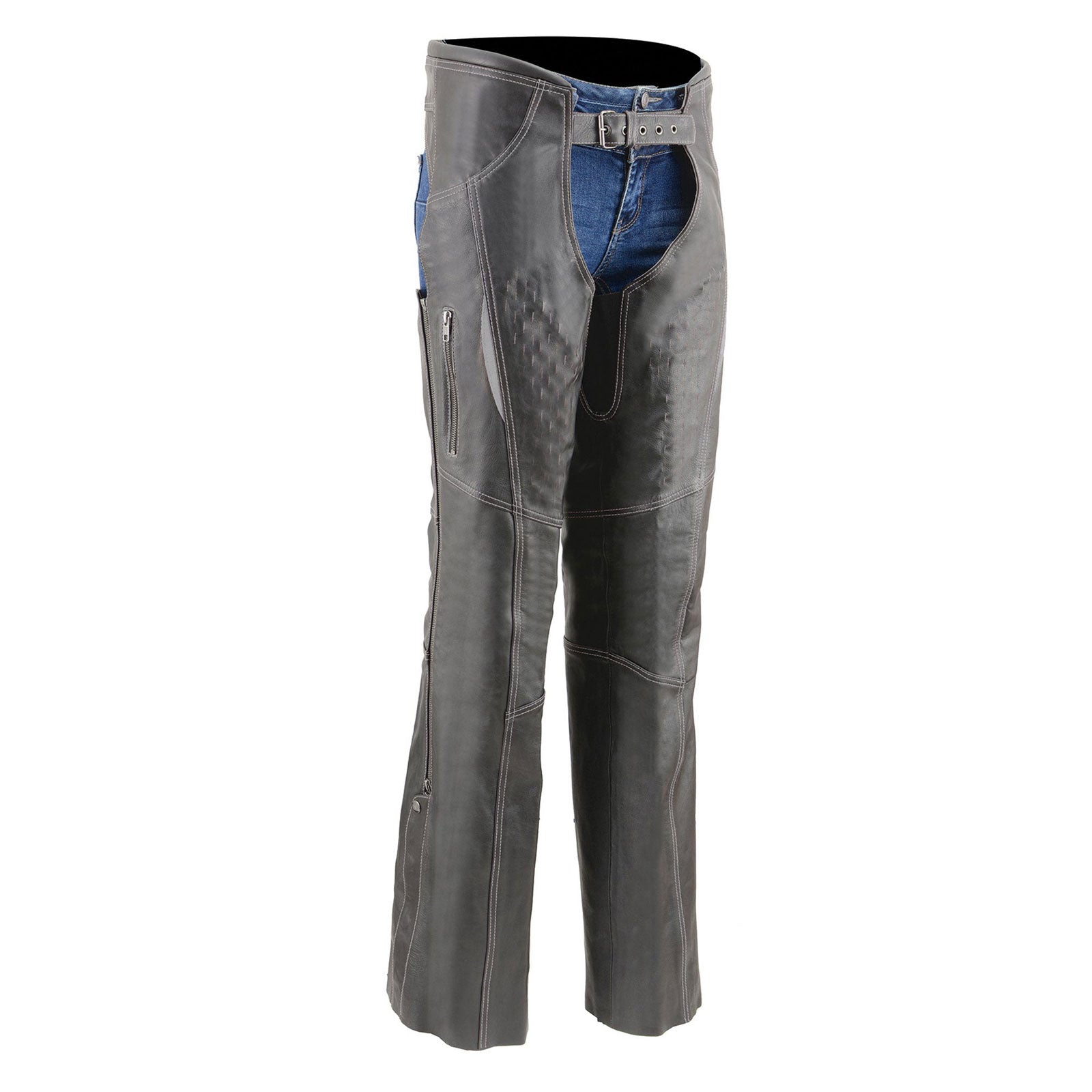 Milwaukee Leather MLL6526 Women ‘Laser Cut’ Distressed Black and Grey Leather Chaps