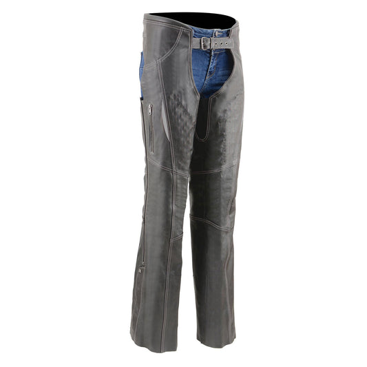 Milwaukee Leather MLL6526 Women ‘Laser Cut’ Distressed Black and Grey Leather Chaps
