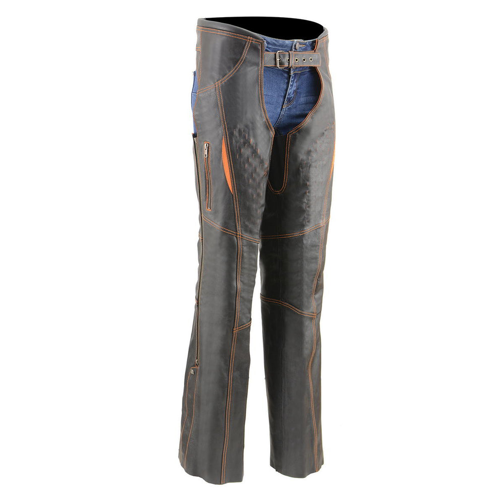 Milwaukee Leather MLL6526 Women ‘Laser Cut’ Distressed Black and Orange Leather Chaps