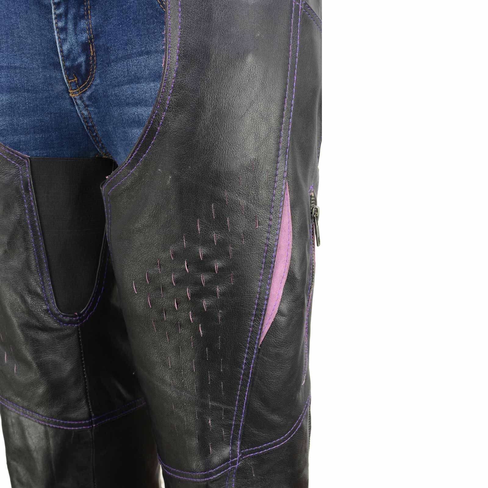 Milwaukee Leather Chaps for Women Black and Purple Premium Skin Laser Cut Accent Stitching Motorcycle Chap- MLL6525