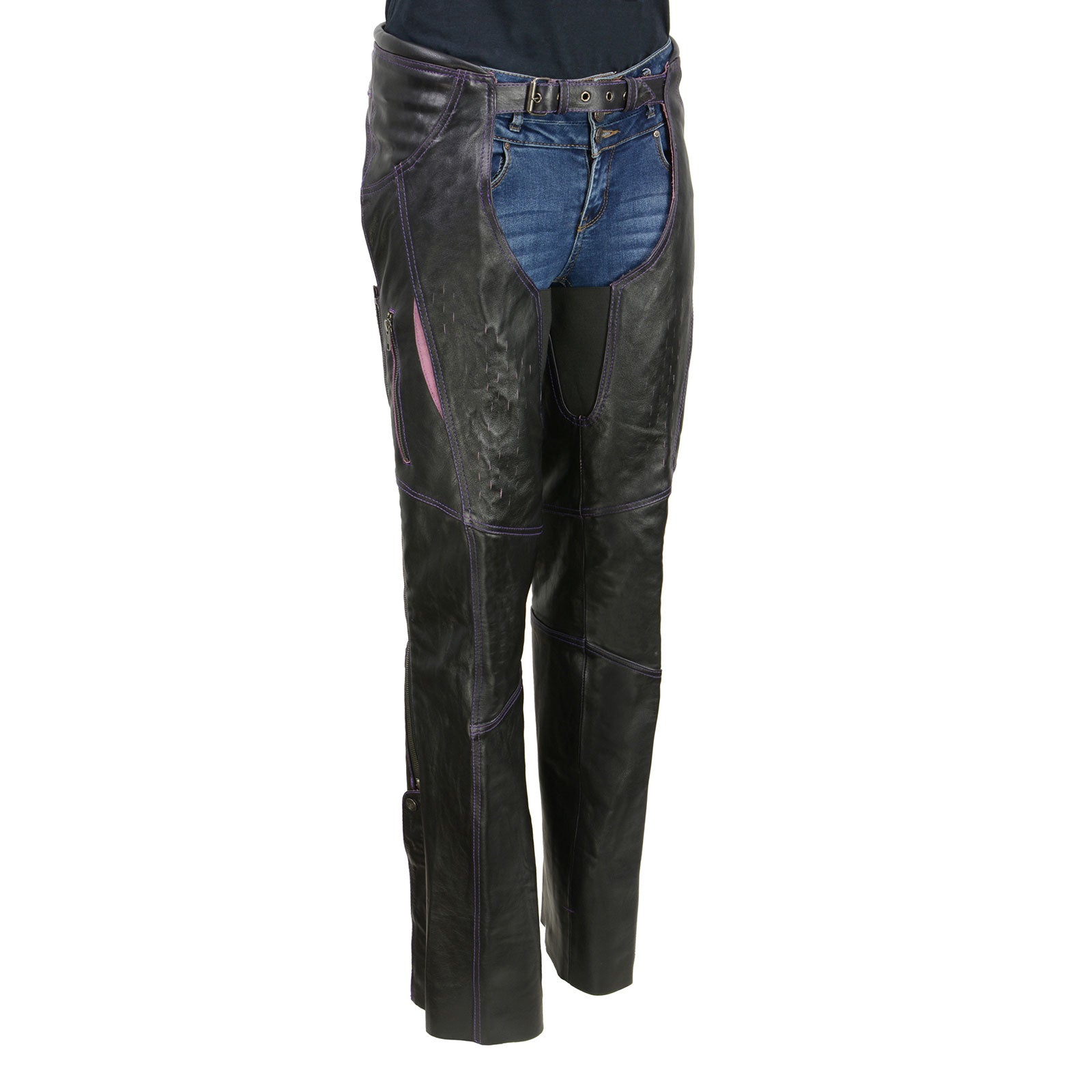 Milwaukee Leather MLL6526 Women ‘Laser Cut’ Distressed Black and Purple Leather Chaps