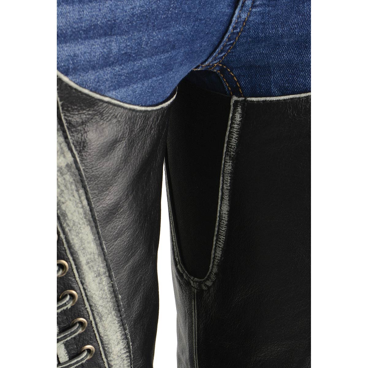 Milwaukee Leather Chaps for Women Black Premium Skin Rubbed Seams- Accented Lace Detailing Motorcycle Chap- MLL6526