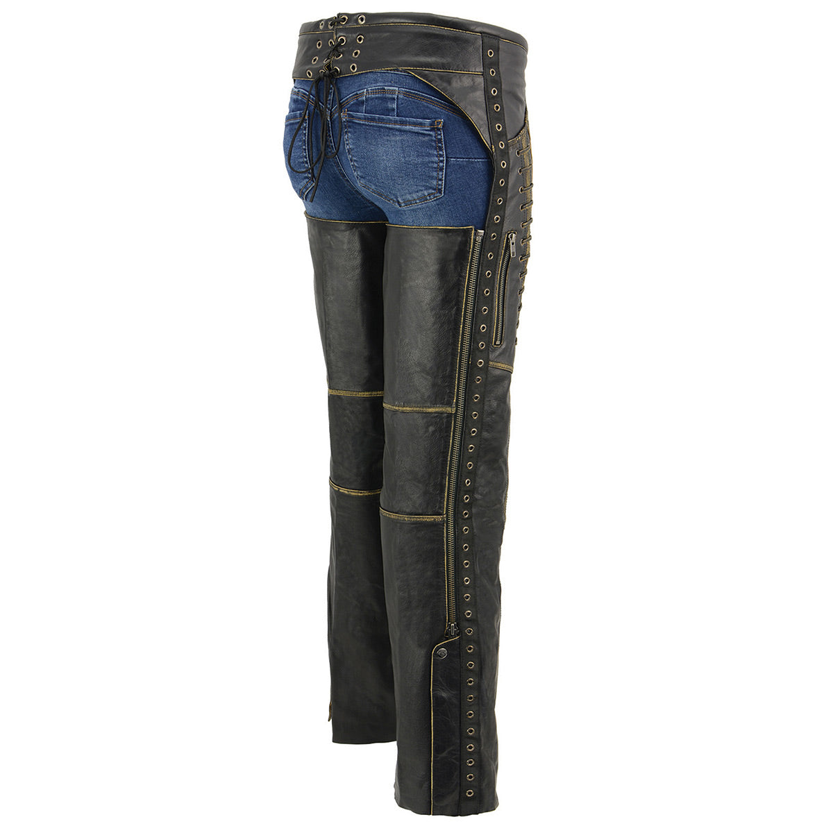 Milwaukee Leather Chaps for Women Black Premium Skin Rubbed Seams- Accented Lace Detailing Motorcycle Chap- MLL6527