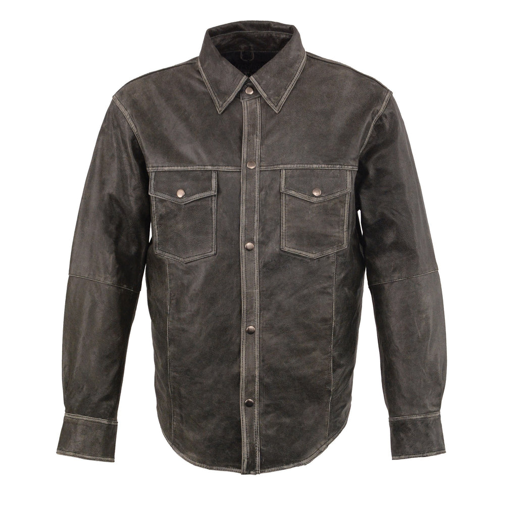 Milwaukee Leather MLM1605 Men's 'Button Down' Distressed Grey Lightweight Casual Biker Leather Shirt
