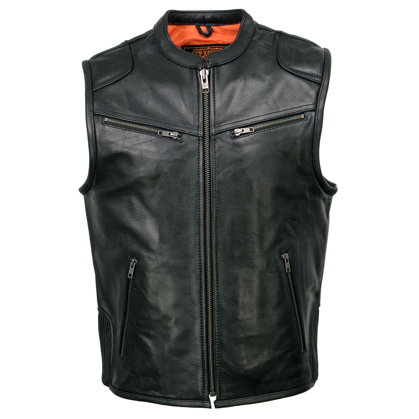Milwaukee Leather MLM3502 Men's Black Cool-Tec Leather Vest Front Zipper Motorcycle Rider Vest with Stand-Up Collar