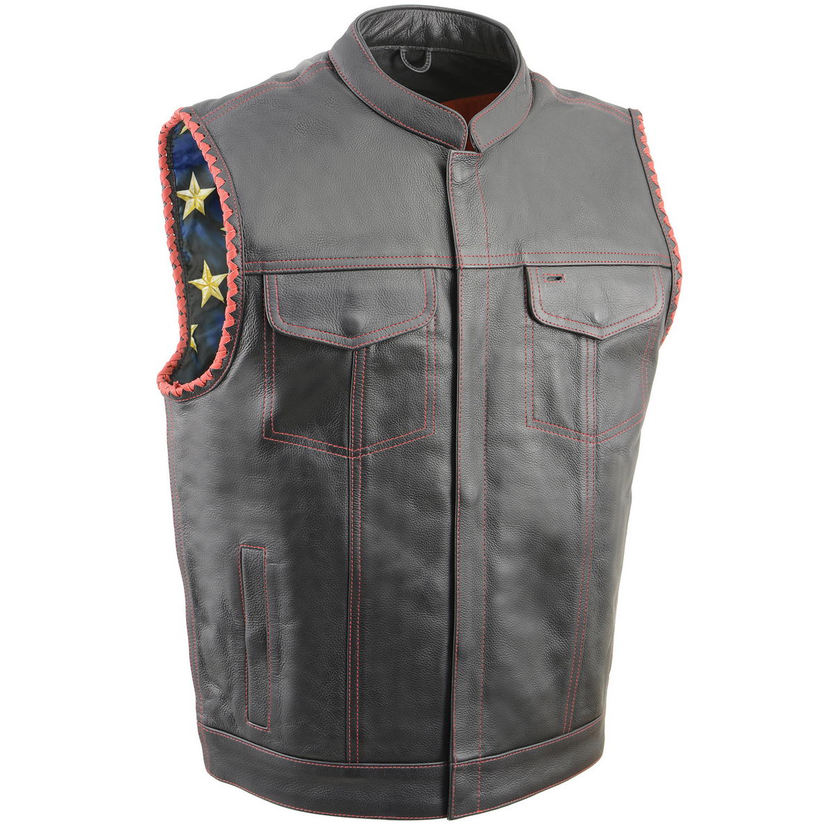 Milwaukee Leather MLM3506 Old Glory Laced Arm Holes Black Leather Motorcycle Vest for Men with Red Stitching