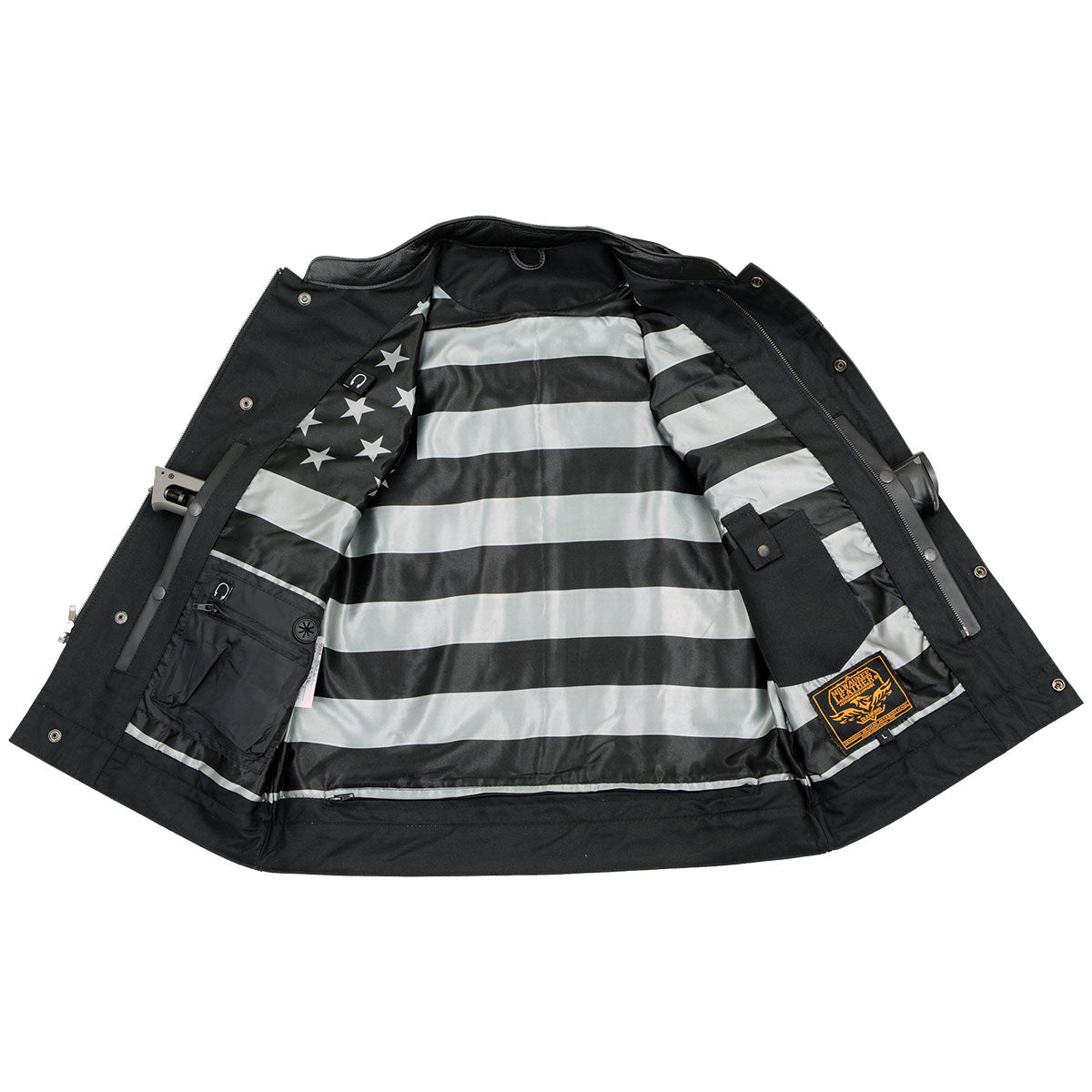 Milwaukee Leather MLM3507 Old Glory Laced Arm Holes Black Motorcycle Leather Vest for Men with Grey Stitching
