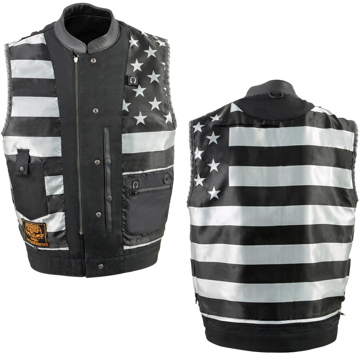 Milwaukee Leather MLM3507 Old Glory Laced Arm Holes Black Motorcycle Leather Vest for Men with Grey Stitching