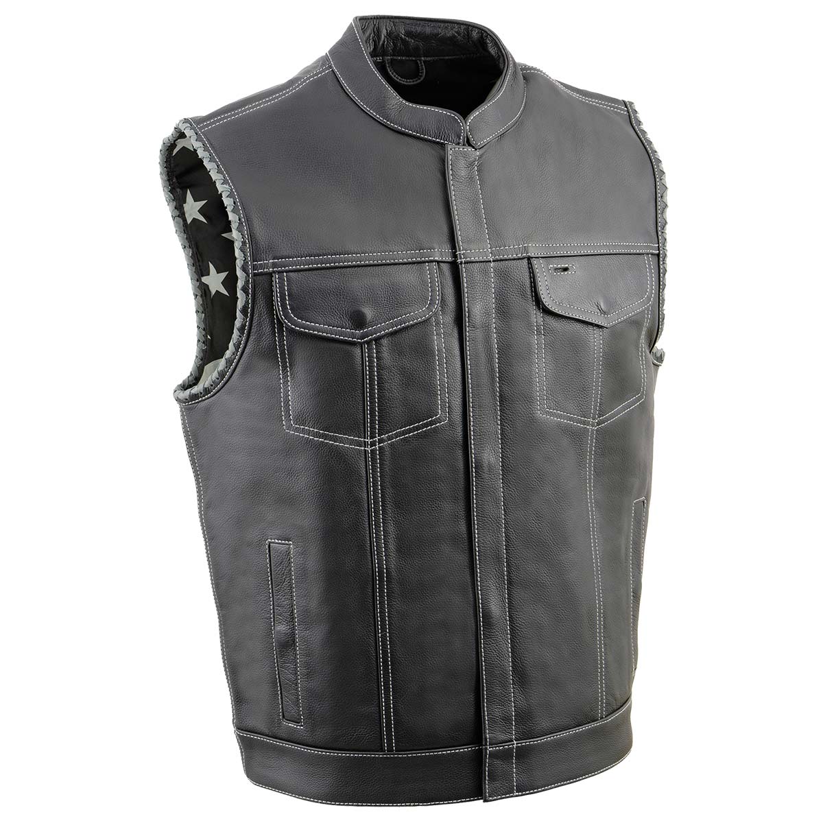Milwaukee Leather MLM3507 Old Glory Laced Arm Holes Black Motorcycle Leather Vest for Men with Grey Stitching