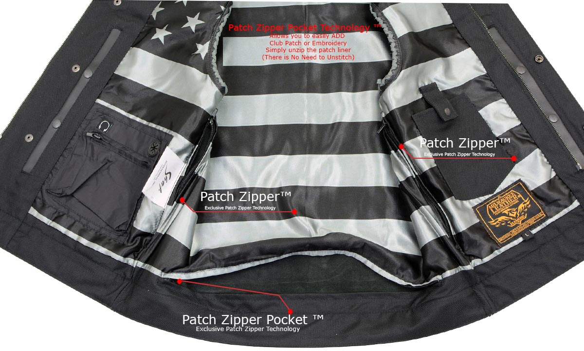 Milwaukee Leather MLM3507 Old Glory Laced Arm Holes Black Motorcycle Leather Vest for Men with Grey Stitching