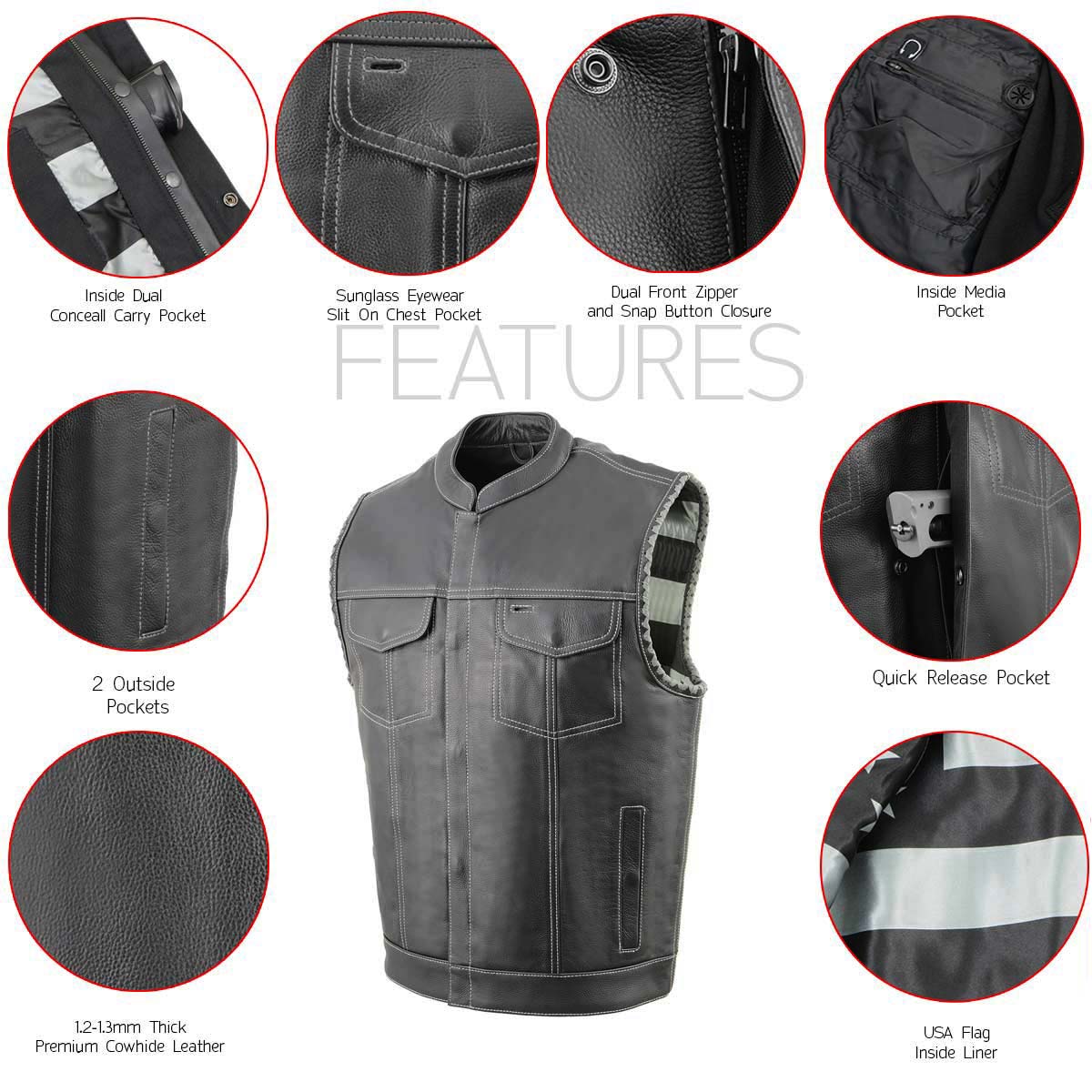 Milwaukee Leather MLM3507 Old Glory Laced Arm Holes Black Motorcycle Leather Vest for Men with Grey Stitching