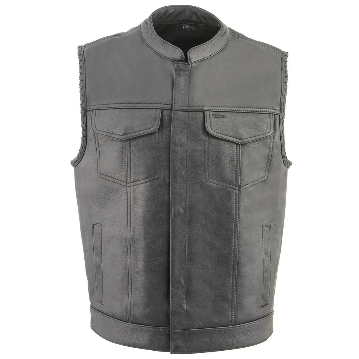 Milwaukee Leather MLM3508 Men's Black Naked Leather Vest - Old Glory Laced Armholes Black Stitching Club Style Vest