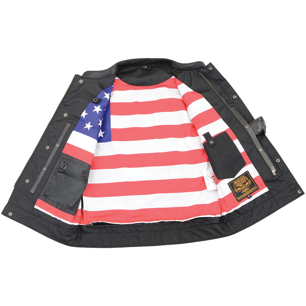 Milwaukee Leather MLM3508 Old Glory Laced Arm Holes Black Motorcycle Leather Vest for Men