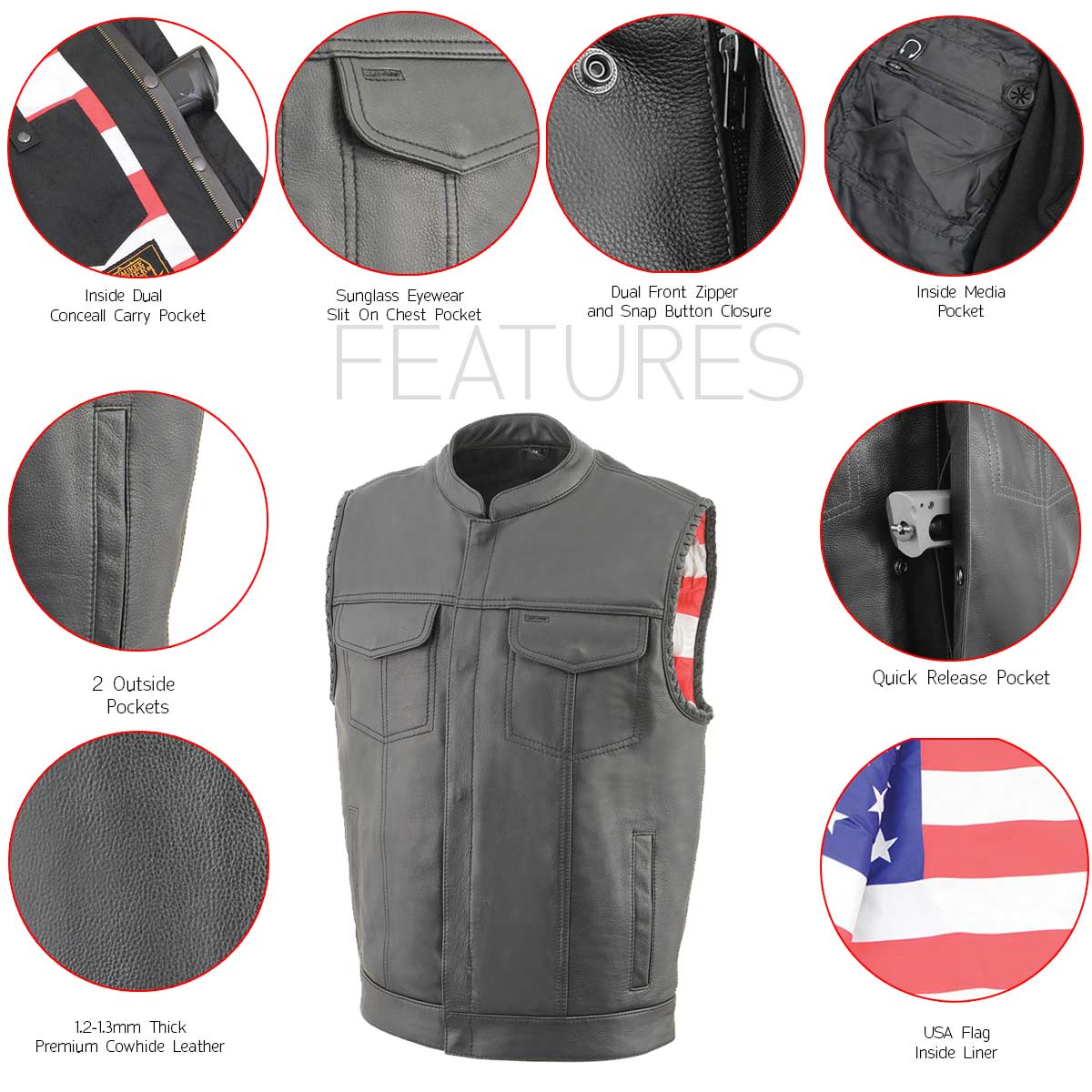 Milwaukee Leather MLM3508 Old Glory Laced Arm Holes Black Motorcycle Leather Vest for Men