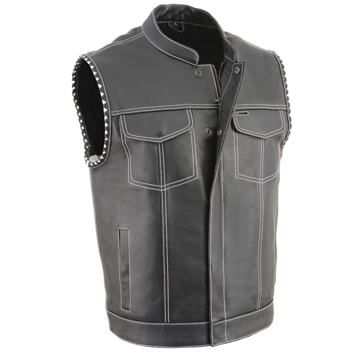 Milwaukee Leather MLM3509 Old Glory Laced Arm Holes Black Motorcycle Leather Vest for Men with White Stitching