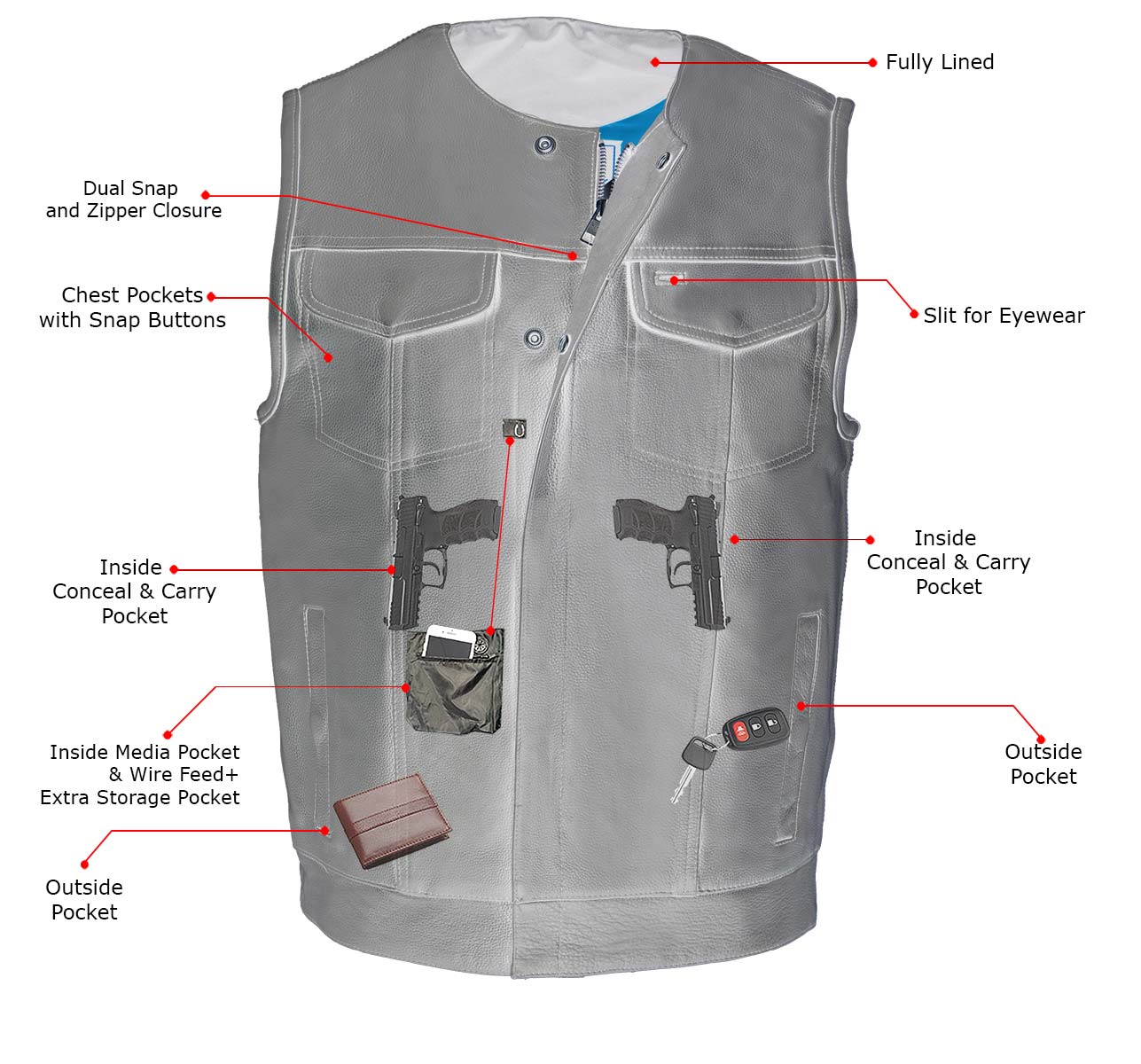Milwaukee Leather MLM3515 Men's Black Leather Collarless Motorcycle Club Style Vest with Cool-Tec