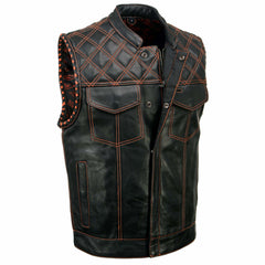 Milwaukee Leather MLM3527 Men's Black 'Paisley' Accented w/ Orange Stitching Leather Vest – / Armhole Trim