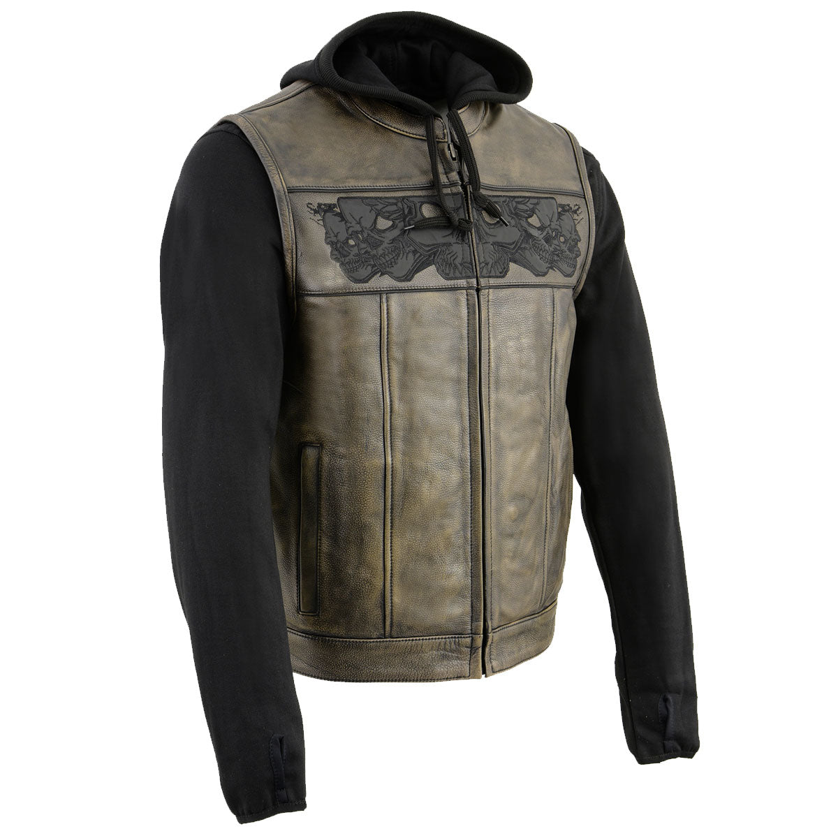 Milwaukee Leather MLM3561 Men's '2 in 1' Distressed Brown Leather Vest w/ Reflective Skulls / Full Removable Hoodie