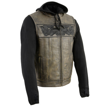 Milwaukee Leather MLM3561 Men's '2 in 1' Distressed Brown Leather Vest w/ Reflective Skulls / Full Removable Hoodie