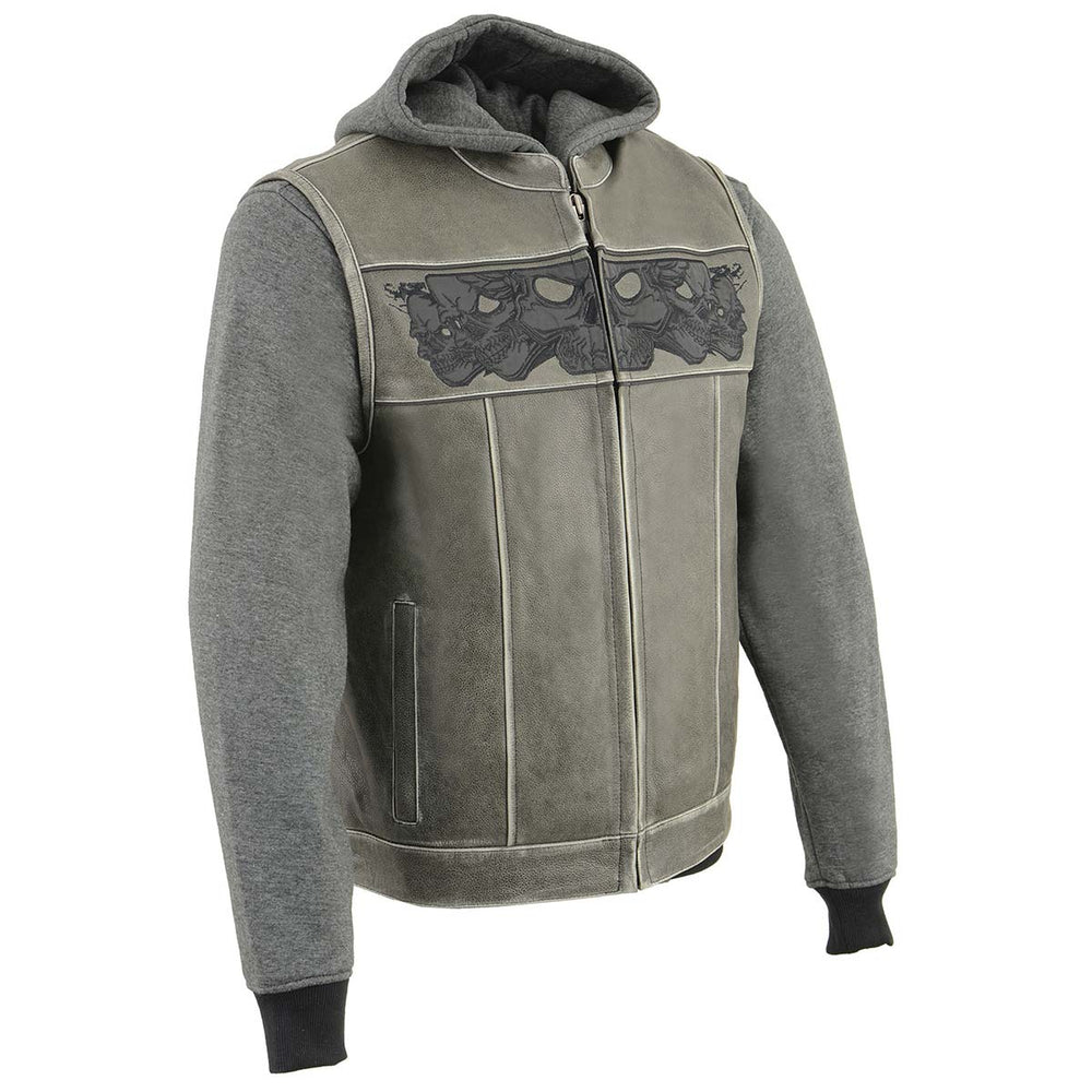 Milwaukee Leather MLM3562 Men's Leather Vest w/ Removeable Hoodie - Distress Grey Reflective Skulls Motorcycle Vest