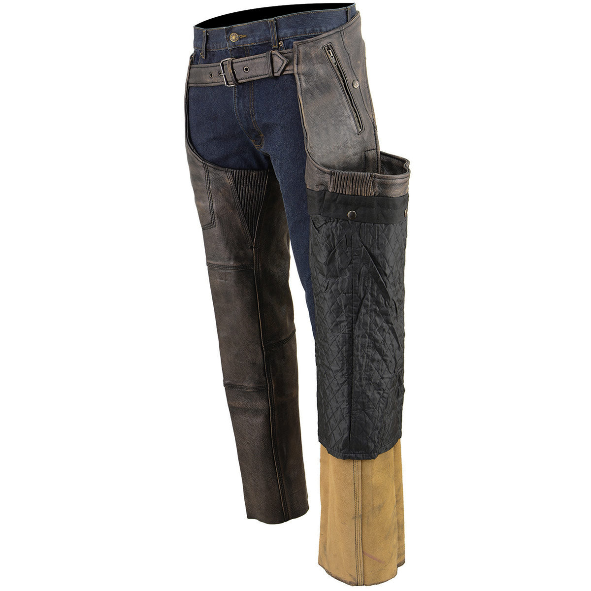 Milwaukee Leather Chaps for Men's Distressed Brown Leather Snap Out Thermal Lined 4-Pockets Motorcycle Chap MLM5500