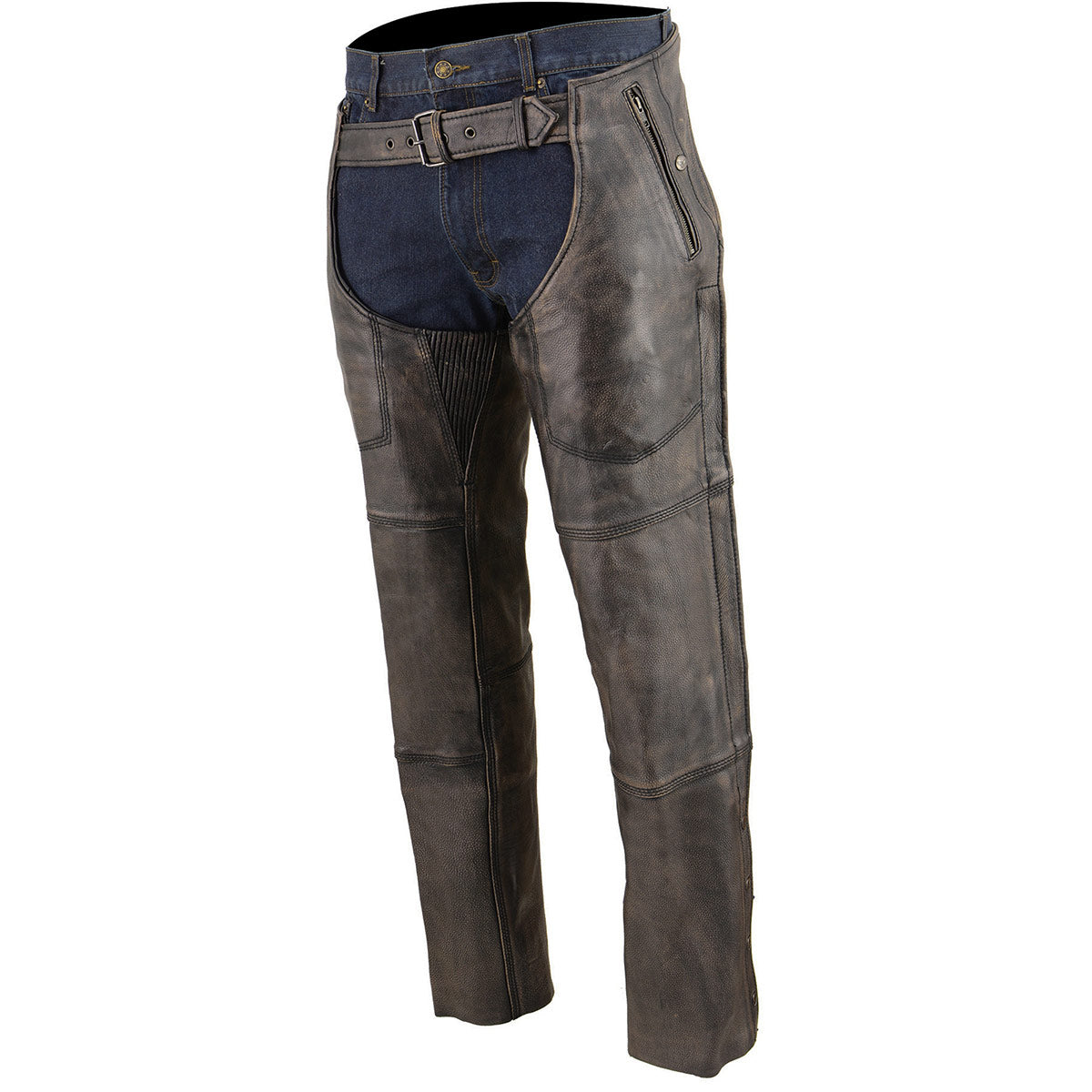 Milwaukee Leather Chaps for Men's Distressed Brown Leather Snap Out Thermal Lined 4-Pockets Motorcycle Chap MLM5500